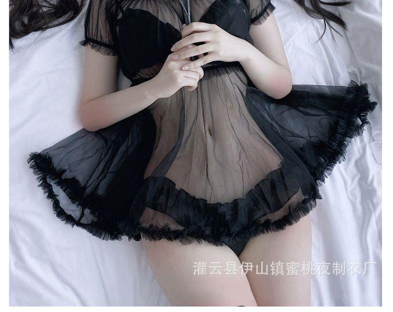 Lingerie Set: Wireless Bra + Thongs + Short-Sleeve Mesh Top Product Image