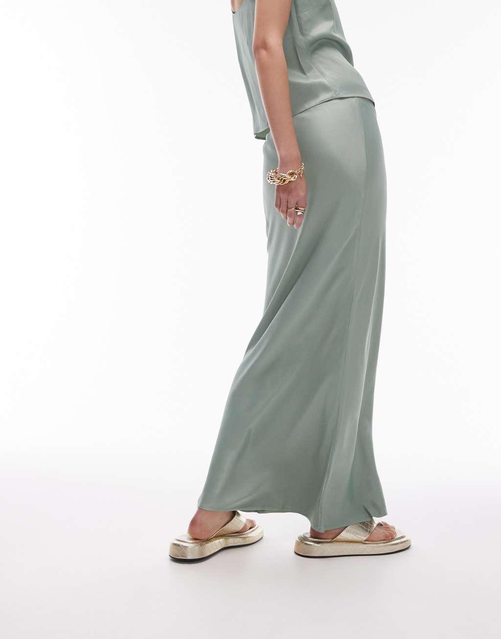Topshop bias maxi skirt with knicker trim detail in summer khaki - part of a set Product Image