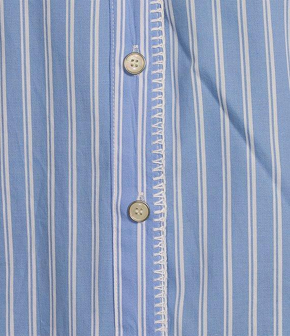 Calessa Petite Size Embroidered Stripe Split V-Neck 3/4 Sleeve Button Front Shirt Product Image