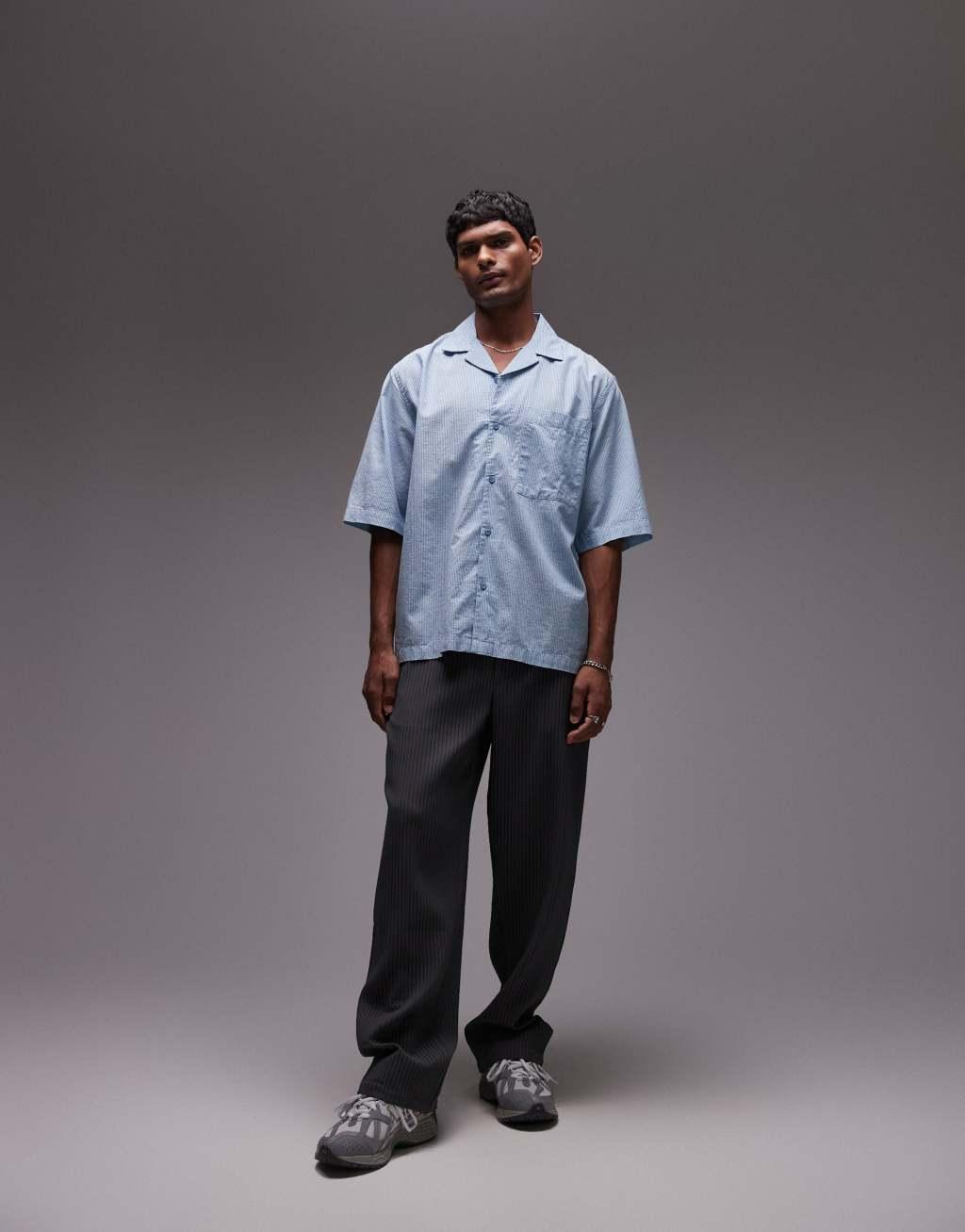 Topman short sleeve boxy striped shirt in blue Product Image