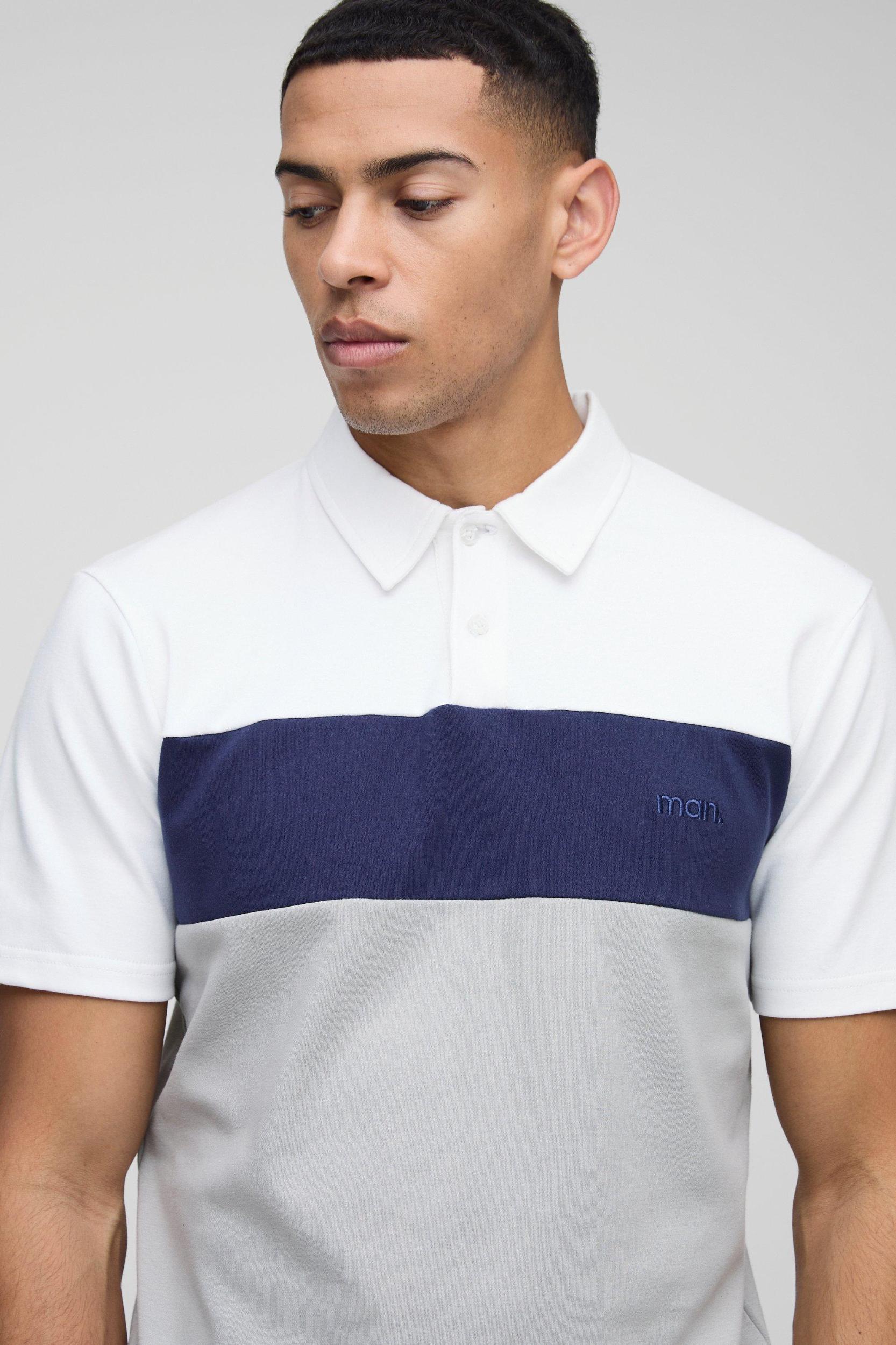 Slim Fit Man Colour Block Interlock Polo | boohooMAN USA Product Image