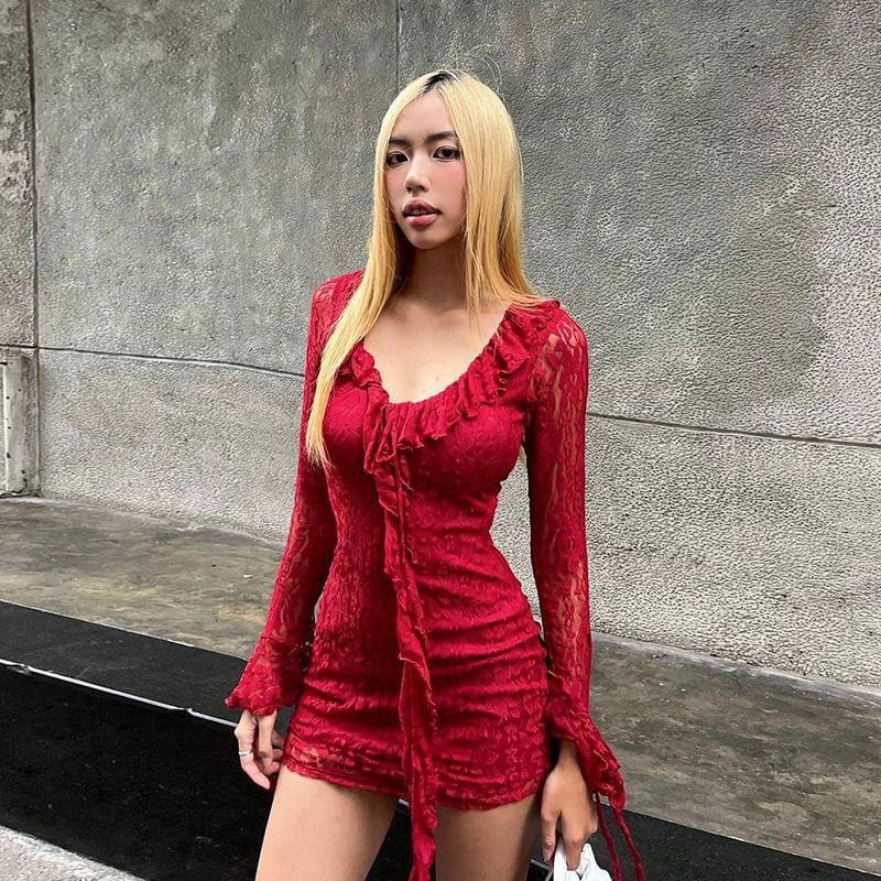 Bell Sleeve Scoop-Neck Plain Lace Ruffled-Trim Slim-Fit Mini Bodycon Dress Product Image