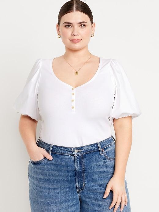 Puff-Sleeve Mixed Fabric Top Product Image
