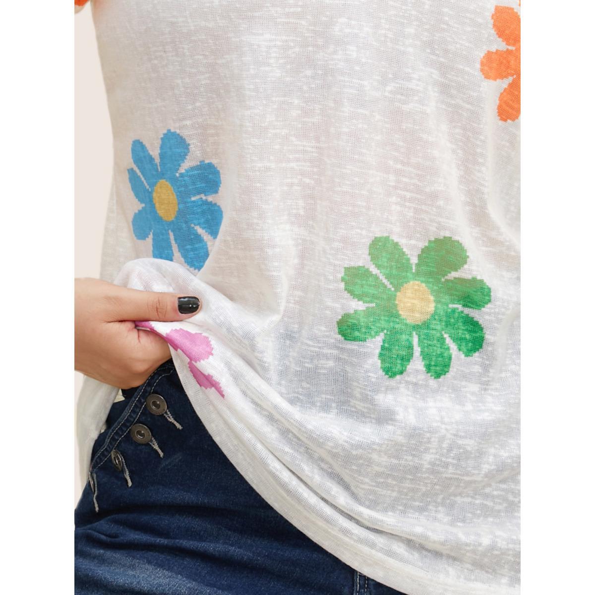 Plus Size Colored Floral V Neck See Through T-Shirt WhiteSmoke Women Casual See through Art&design V-neck Everyday T-shirts BloomChic 30/6X Product Image