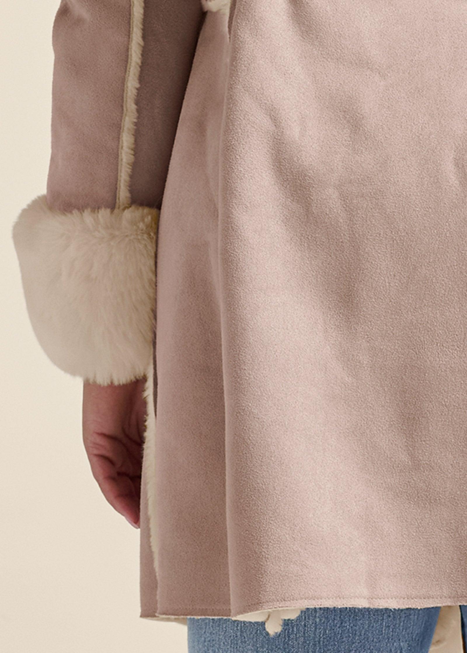 Faux-Suede-And-Fur Coat - Taupe & Off White Product Image