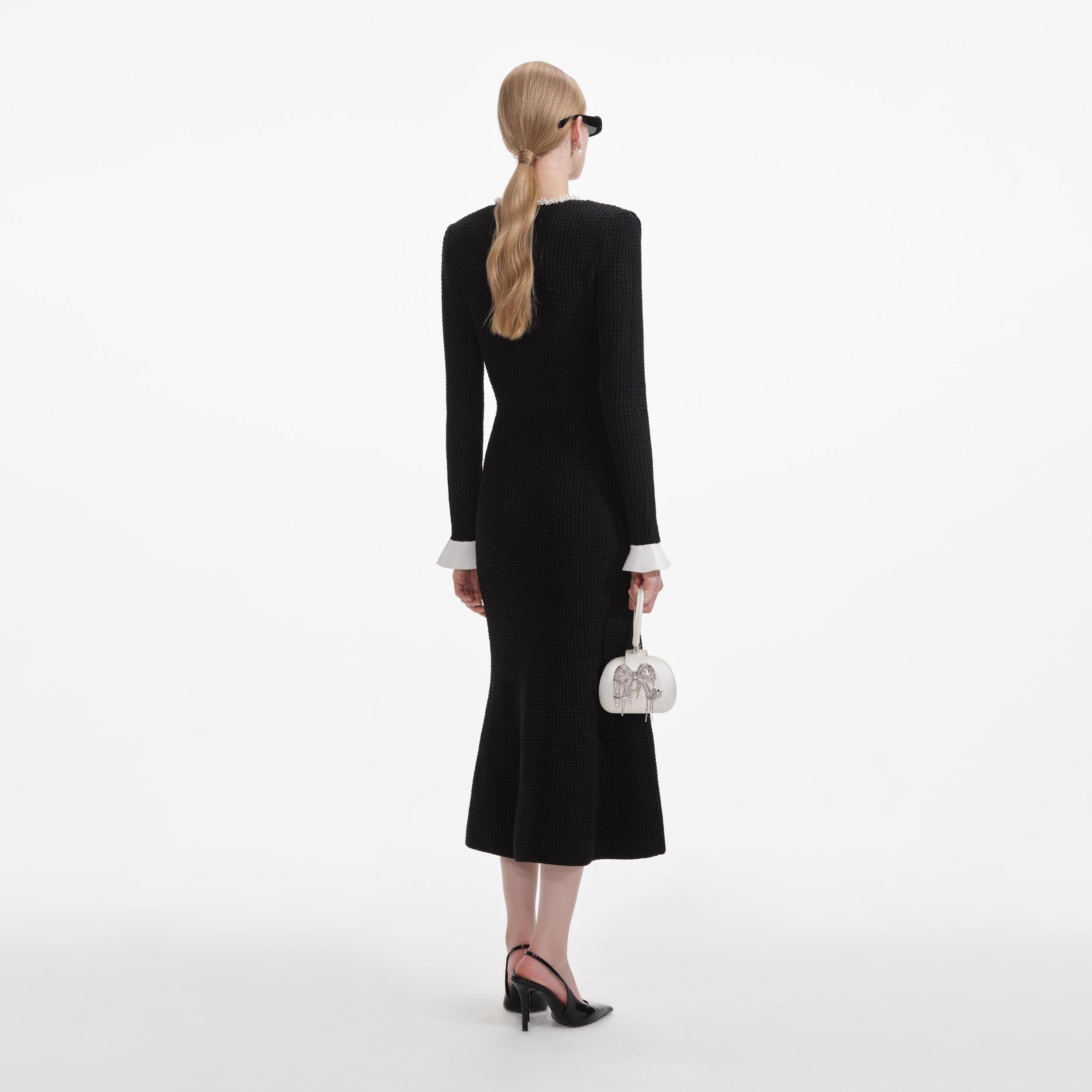 Black Pearl Trim Knit Midi Dress Product Image