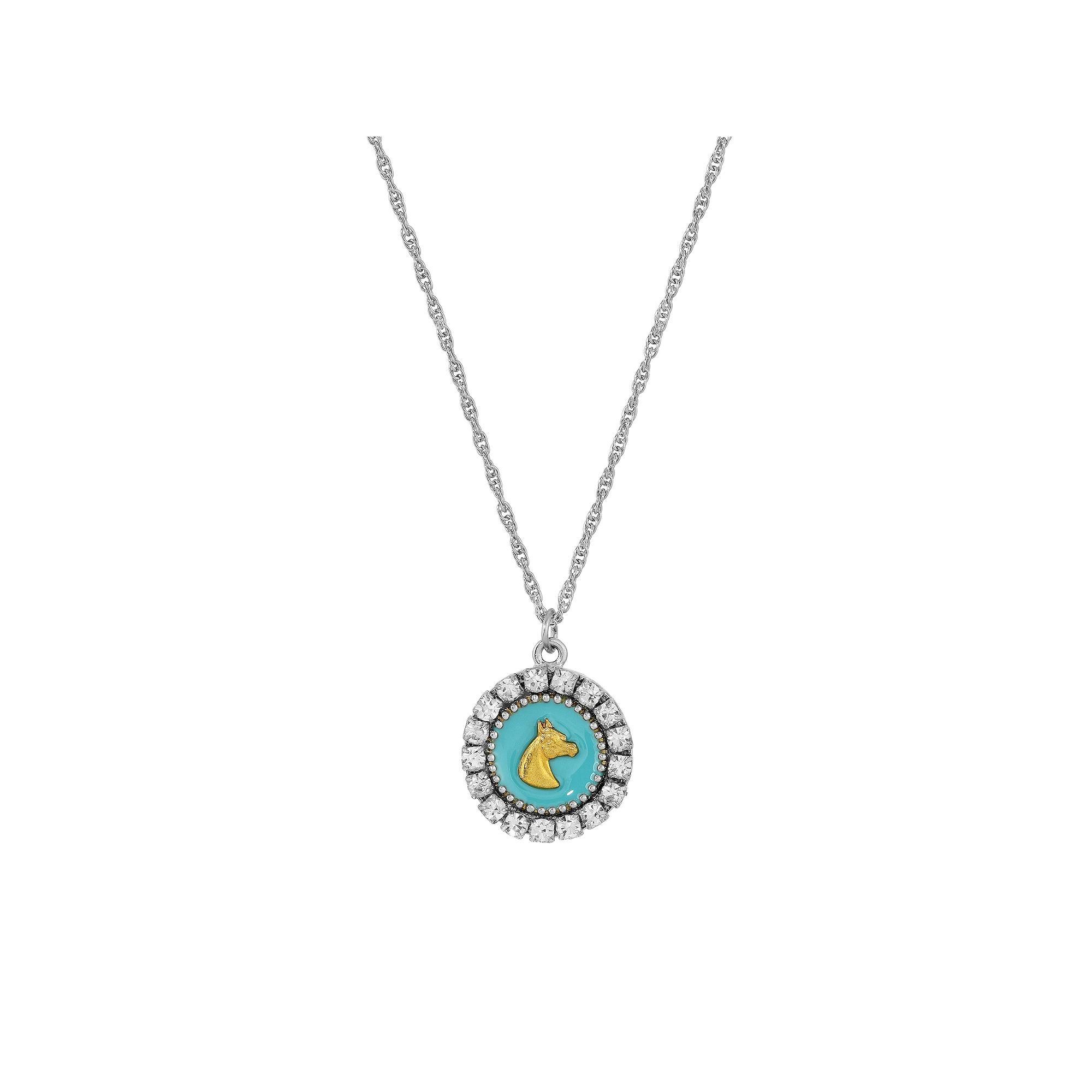 1928 Silver Tone Crystal Aqua Enamel Horse Head Necklace, Womens, Turquoise Product Image