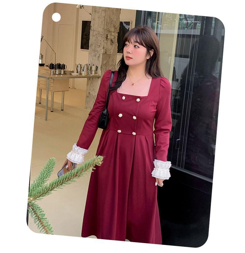 Plus Size Long-Sleeve Square Neck Double-Breasted Frill Trim Midi A-Line Dress Product Image