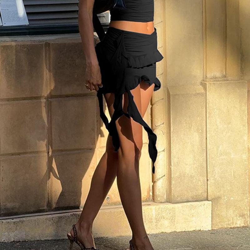 Ruffle Trim Tie Waist Mini Skirt Product Image