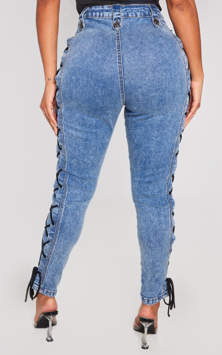 Shape Light Blue Washed Denim Lace Up Skinny Jeans Product Image