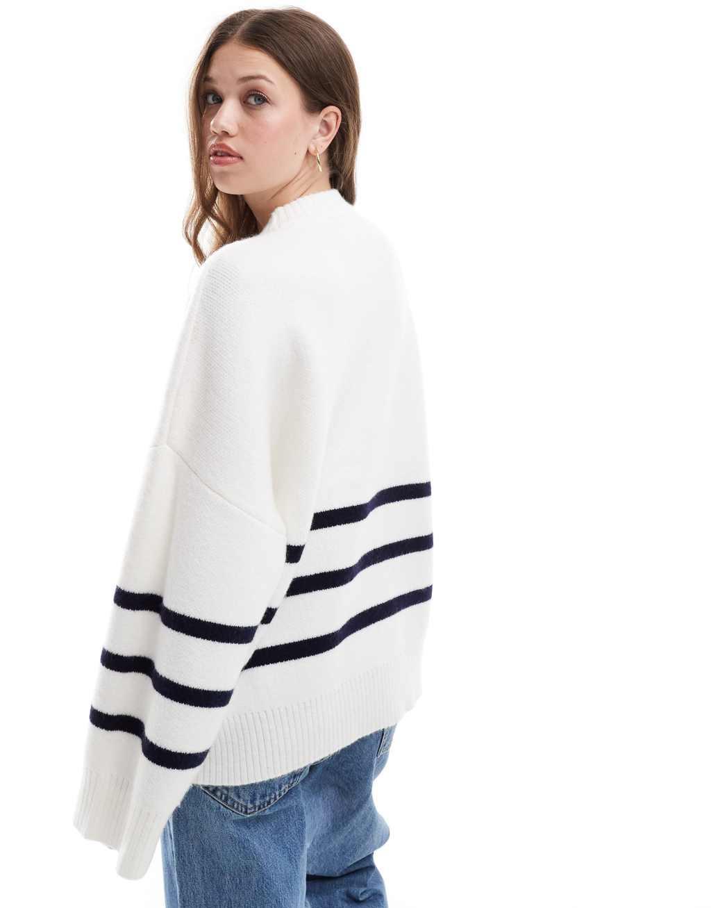 Pretty Lavish crew neck stripe knit sweater in white Product Image