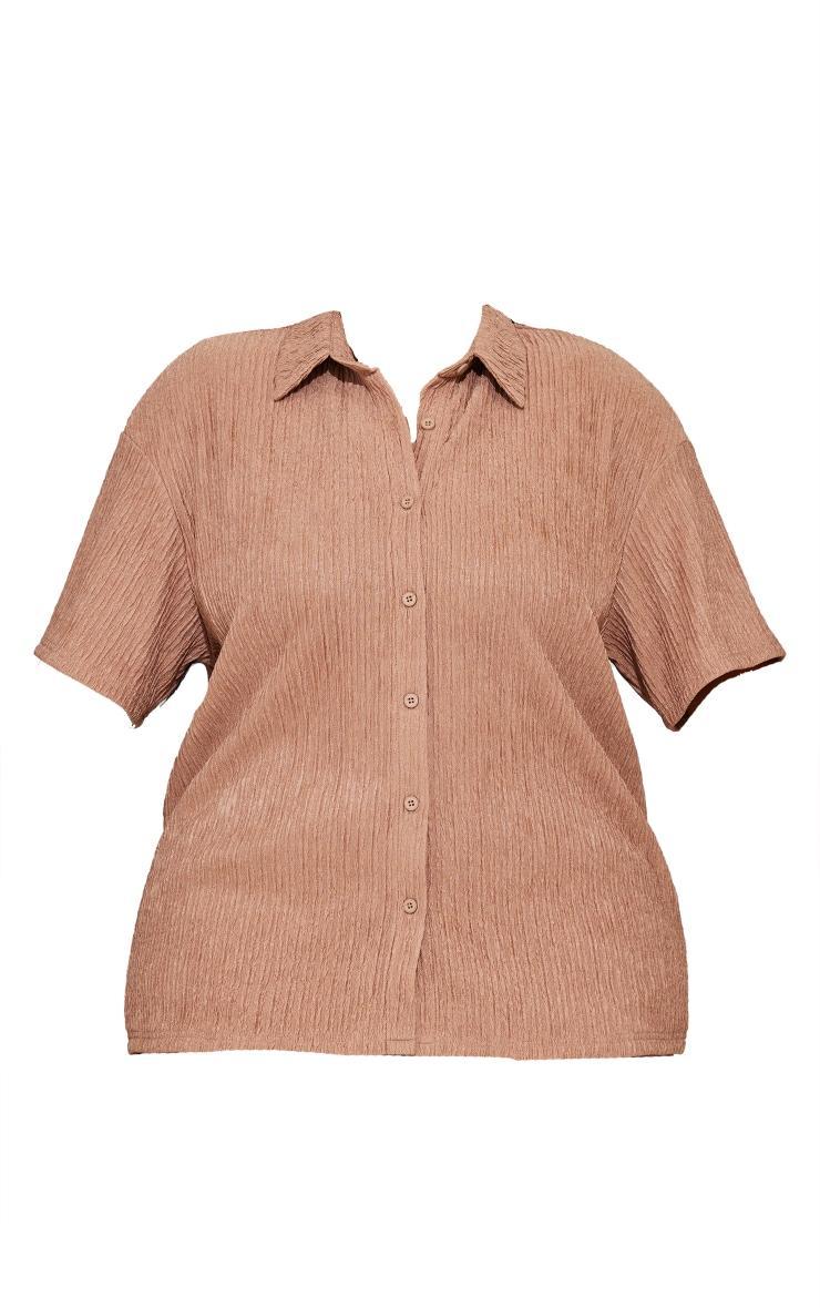 Plus Mocha Crinkle Textured Short Sleeve Beach Shirt Product Image