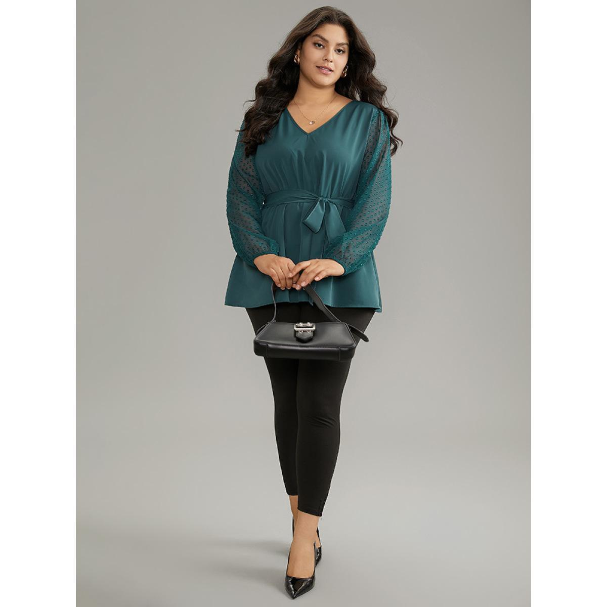 Plus Size Arctic Static-Free Plain Patchwork Mesh Texture Ties Blouse Women Office Long Sleeve V-neck Work Blouses BloomChic 10/M Product Image