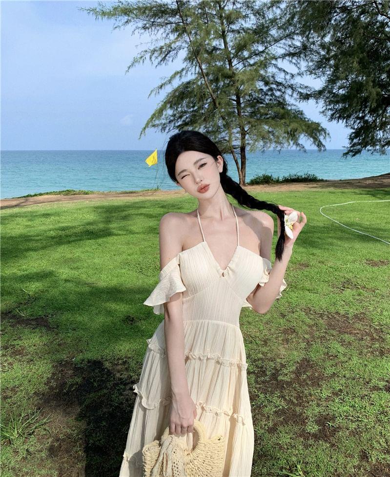 Cold-Shoulder Plain Ruffled Midi Sundress Product Image