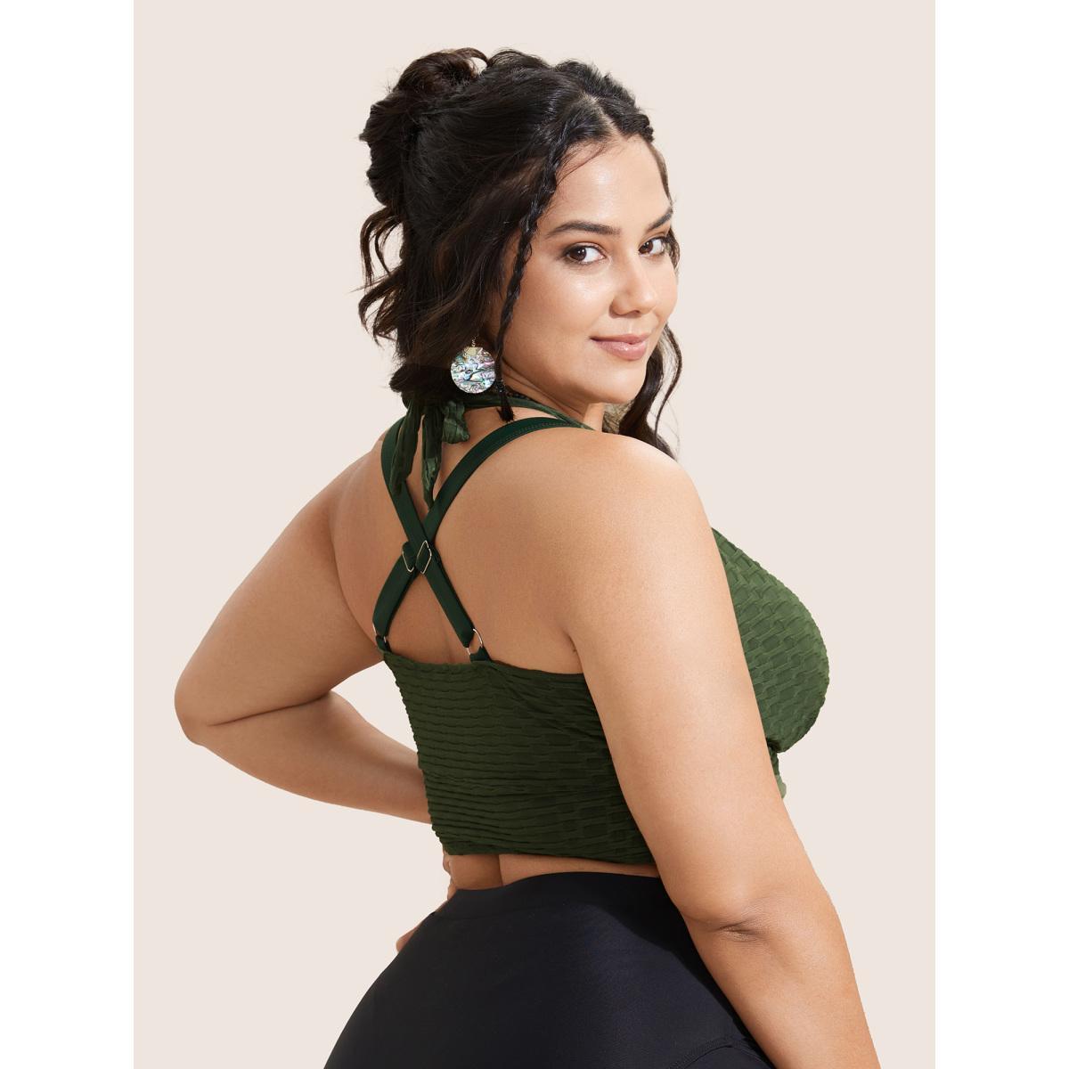 Plus Size Plain Textured Wrap Tie Knot Swim Top Women's Swimwear ArmyGreen Beach Tie knot High stretch Skinny Overlap Collar Curve Swim Tops BloomChic 18-20/2X Product Image