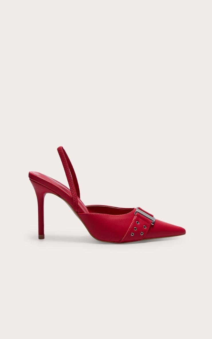 Red Pu Point Toe Buckle Detail Mid Heeled Courts Product Image