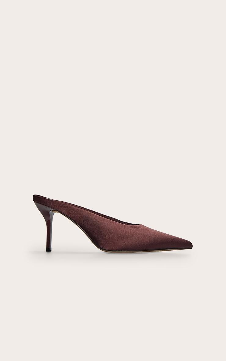 Chocolate Satin Point Toe Mid Stiletto Heeled Court Mules Product Image