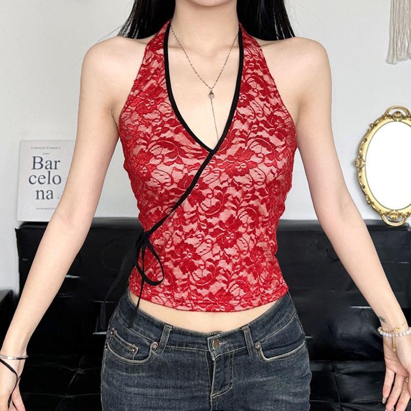 Halter-Neck Crop Lace Top Product Image