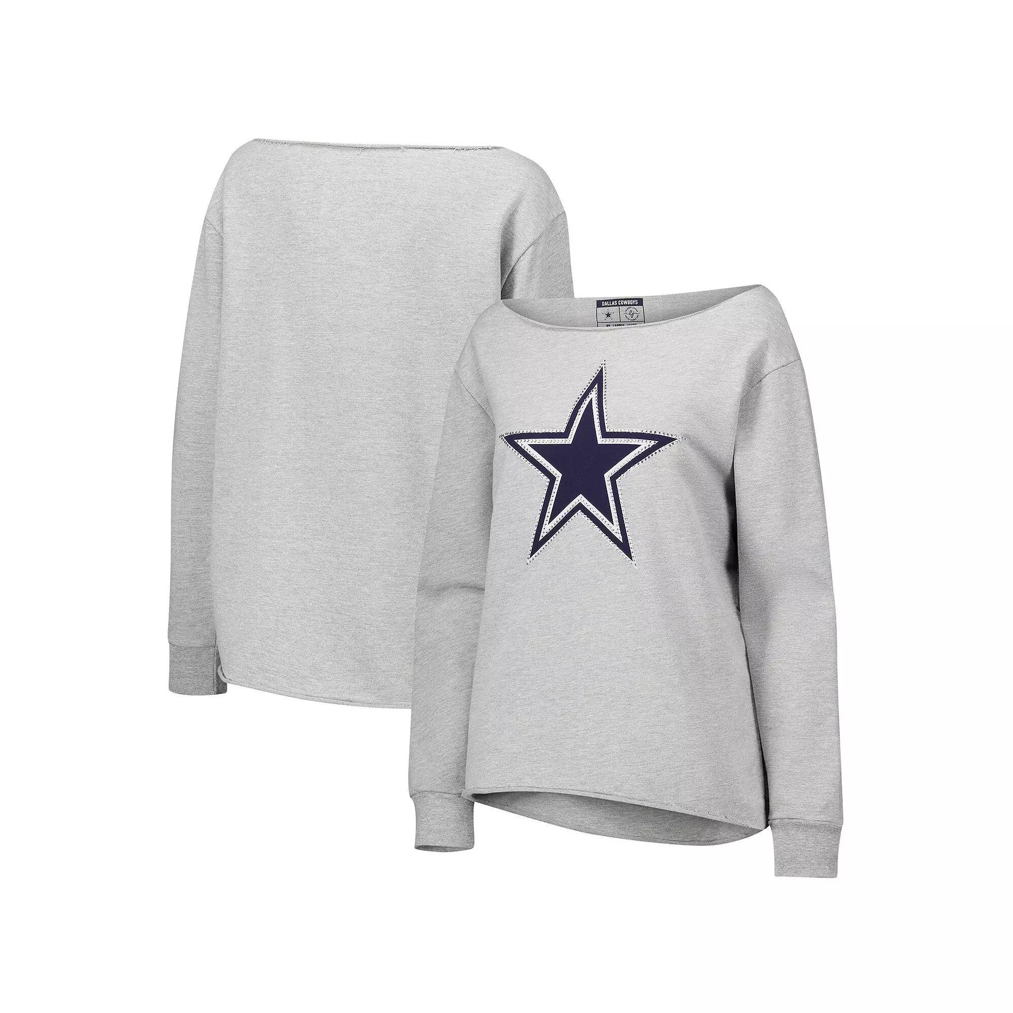 Women's Lauren James Heather Gray Dallas Cowboys Shoulder Off Sweat Rhinestone Long Sleeve T-Shirt, Size: Large, Grey Product Image