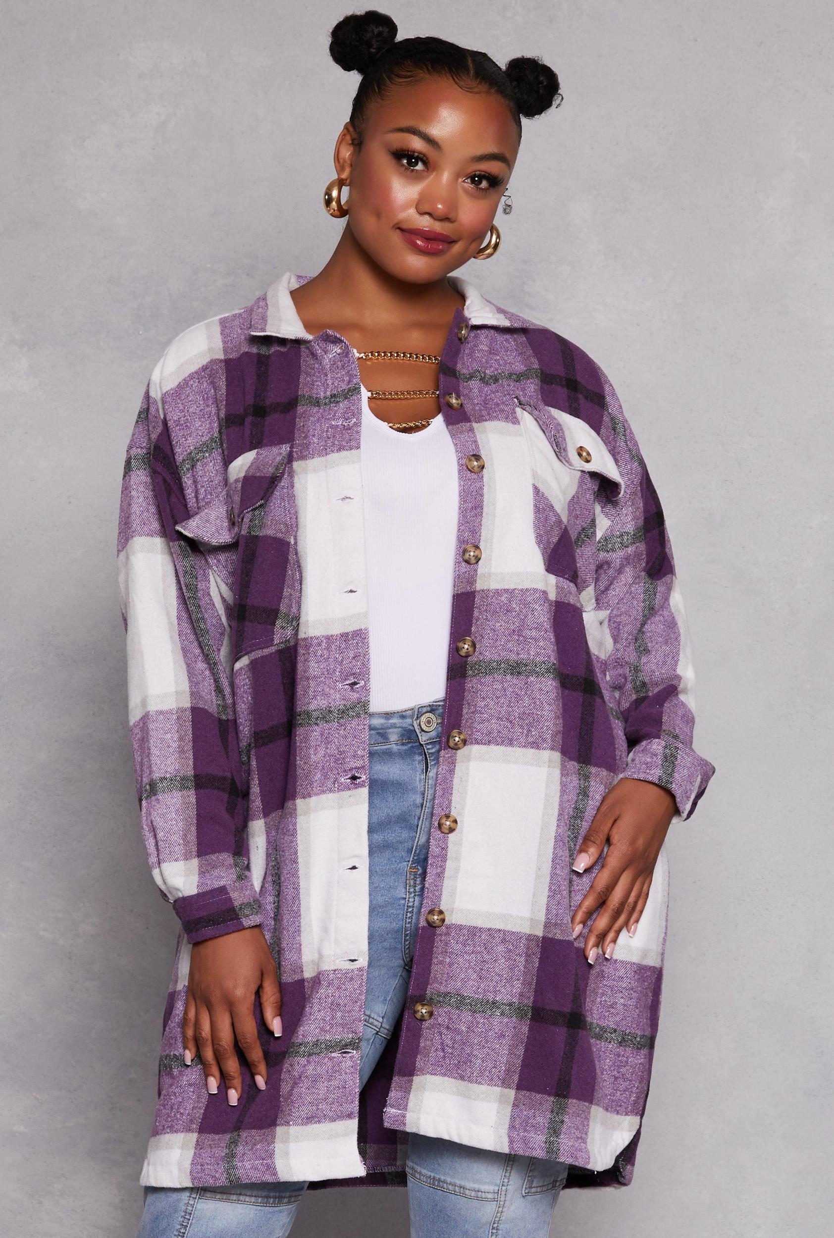 Womens Plus Size Plaid Button Front Long Sleeve Shacket Product Image