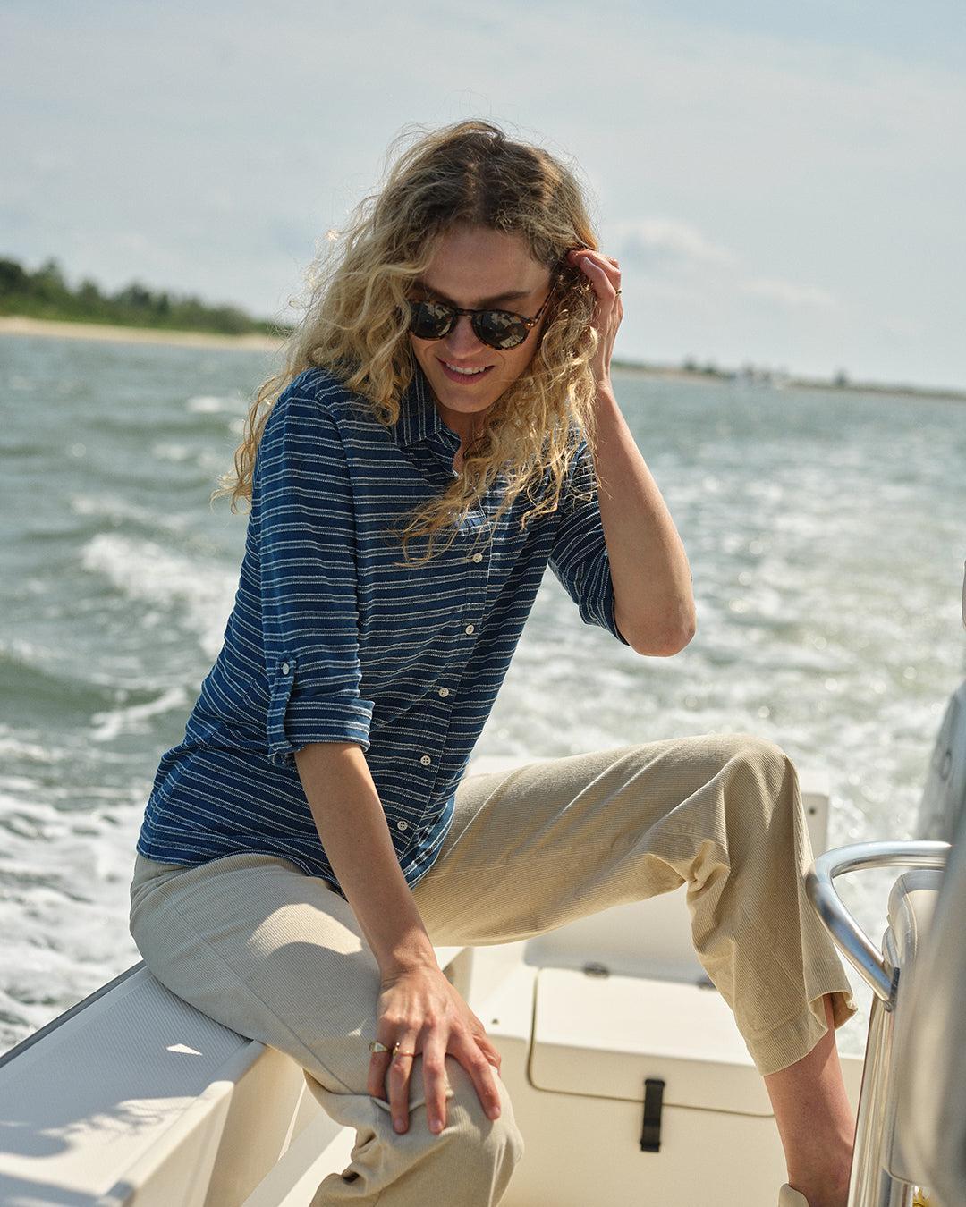 Avalon Indigo Knit Top in Mid-Wash Jacquard Stripe Product Image