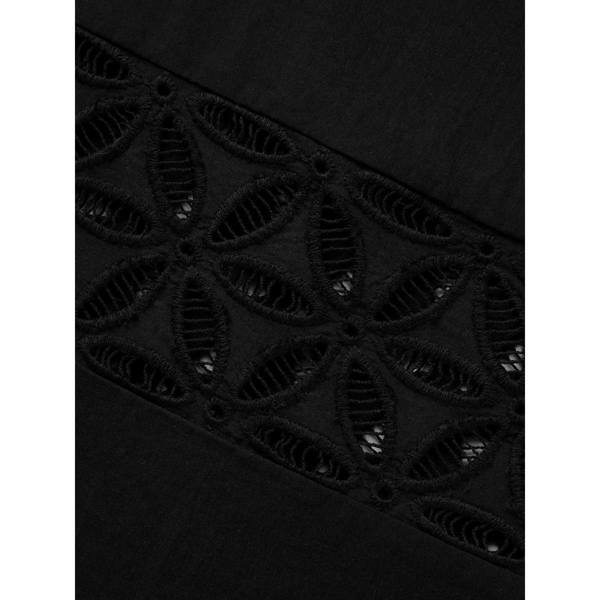 Plus Size Solid Button Up Woven Ribbon Dress Black Women At the Office Woven ribbon&lace trim Shirt collar Long Sleeve Curvy BloomChic 26/4X Product Image