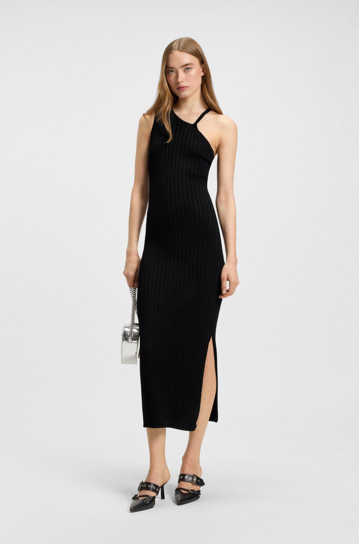 HUGO - Knitted dress with one-shoulder design - Black Product Image