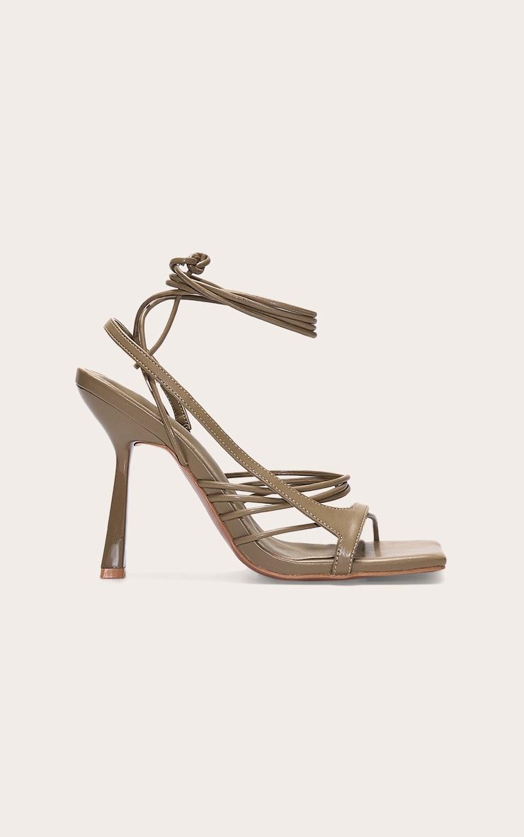 Olive Pu Square Toe Asymmetric Strappy Lace Up High Heeled Sandals Product Image