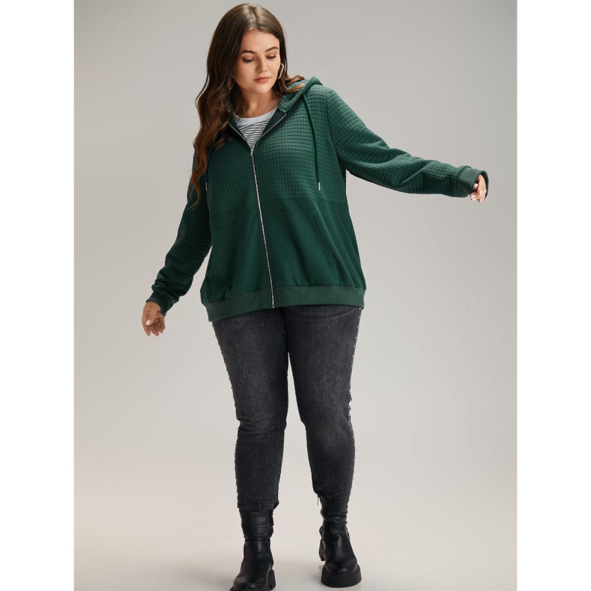 Plus Size Plain Texture Pocket Zipper, Sweatshirt Women DarkGreen Casual Elastic cuffs Hooded Dailywear Sweatshirts BloomChic 18-20/2X Product Image