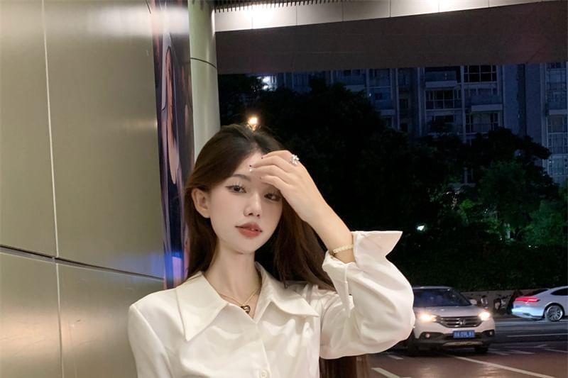 Long Sleeve Collared Plain Panel Lace Shirt / High Rise Plain Pleated Maxi A-Line Skirt Product Image