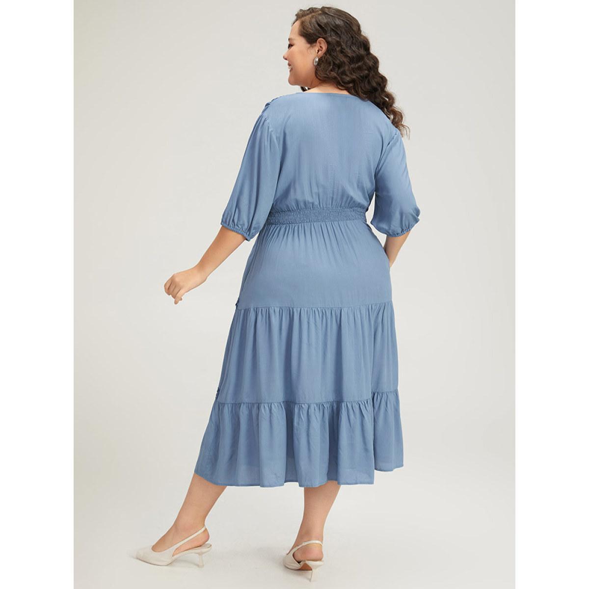 Plus Size Solid Shirred Stitch Layered Hem Ties Dress Stone Women Office Elastic cuffs Tie Neck Half Sleeve Curvy Midi Dress BloomChic 10/M Product Image