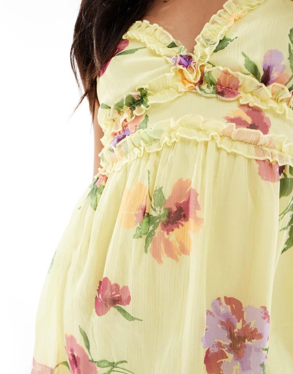 Vero Moda Petite cami mini dress with ruffle detail in lemon floral Product Image