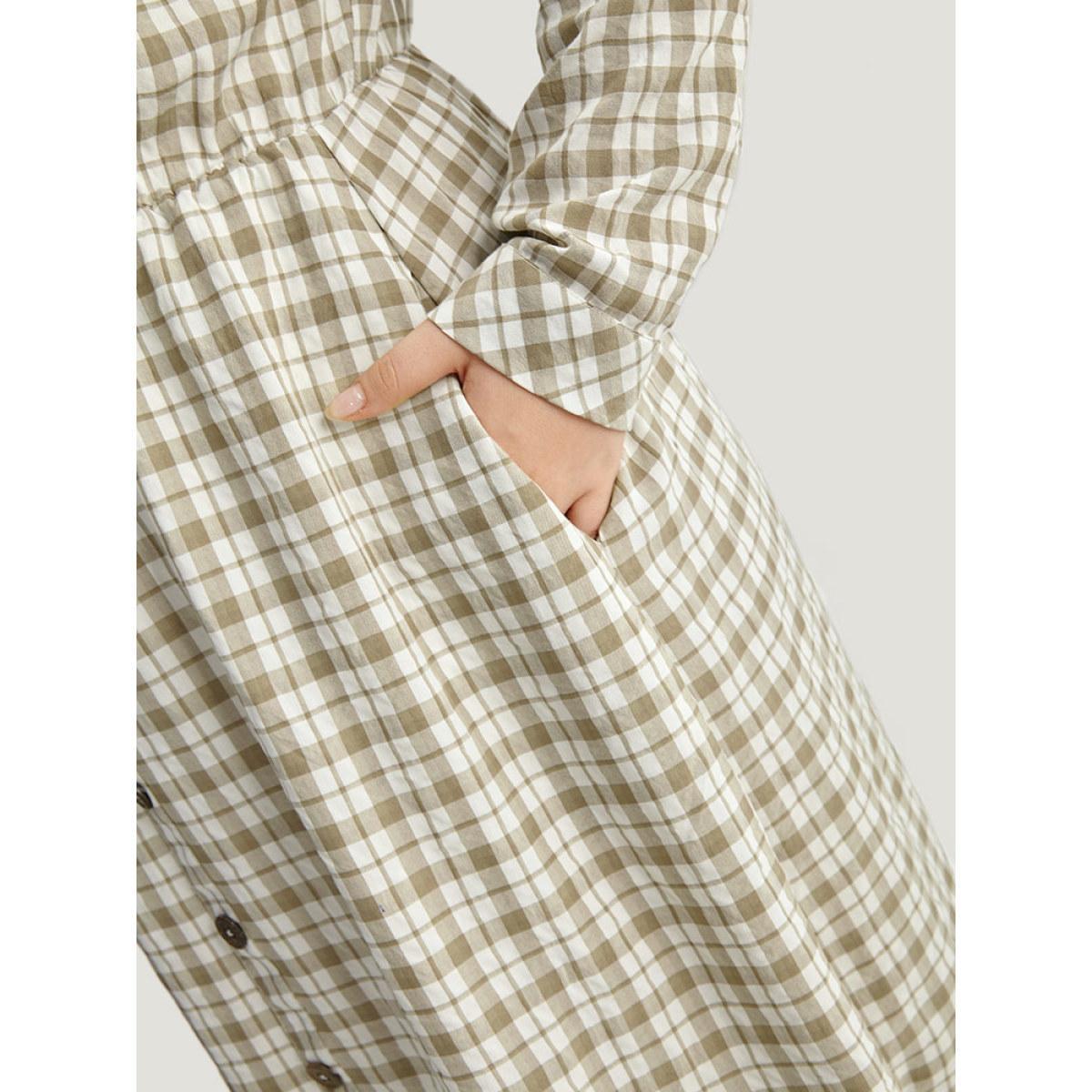 Plus Size Gingham Button Through Arc Hem Dress Sage Women Casual Printed Notched collar Long Sleeve Curvy Midi Dress BloomChic 10/M Product Image