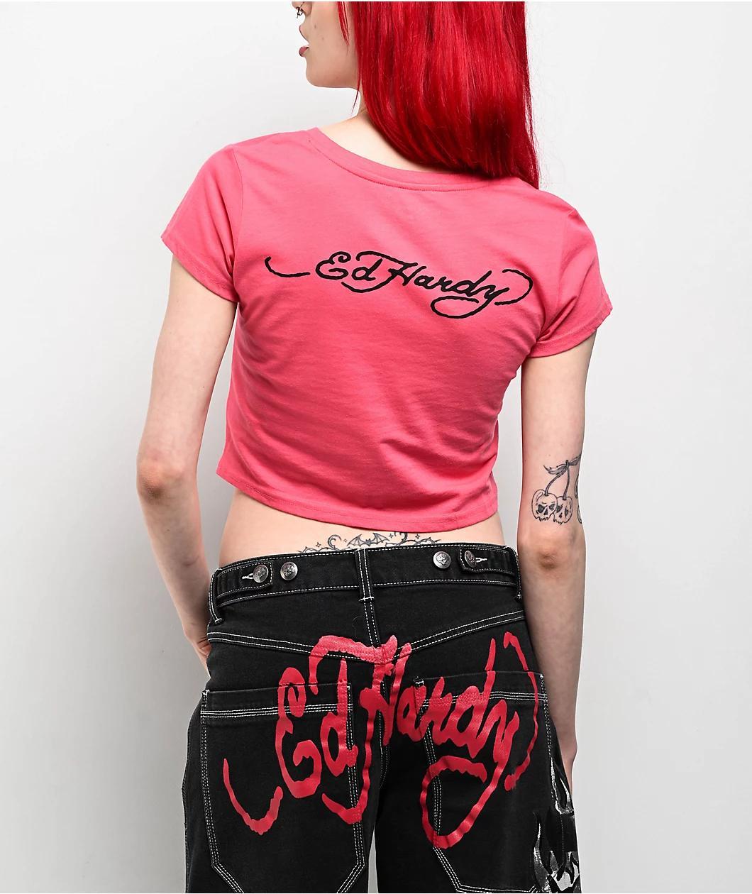 Ed Hardy Cherry Hot Pink Crop T-Shirt Product Image