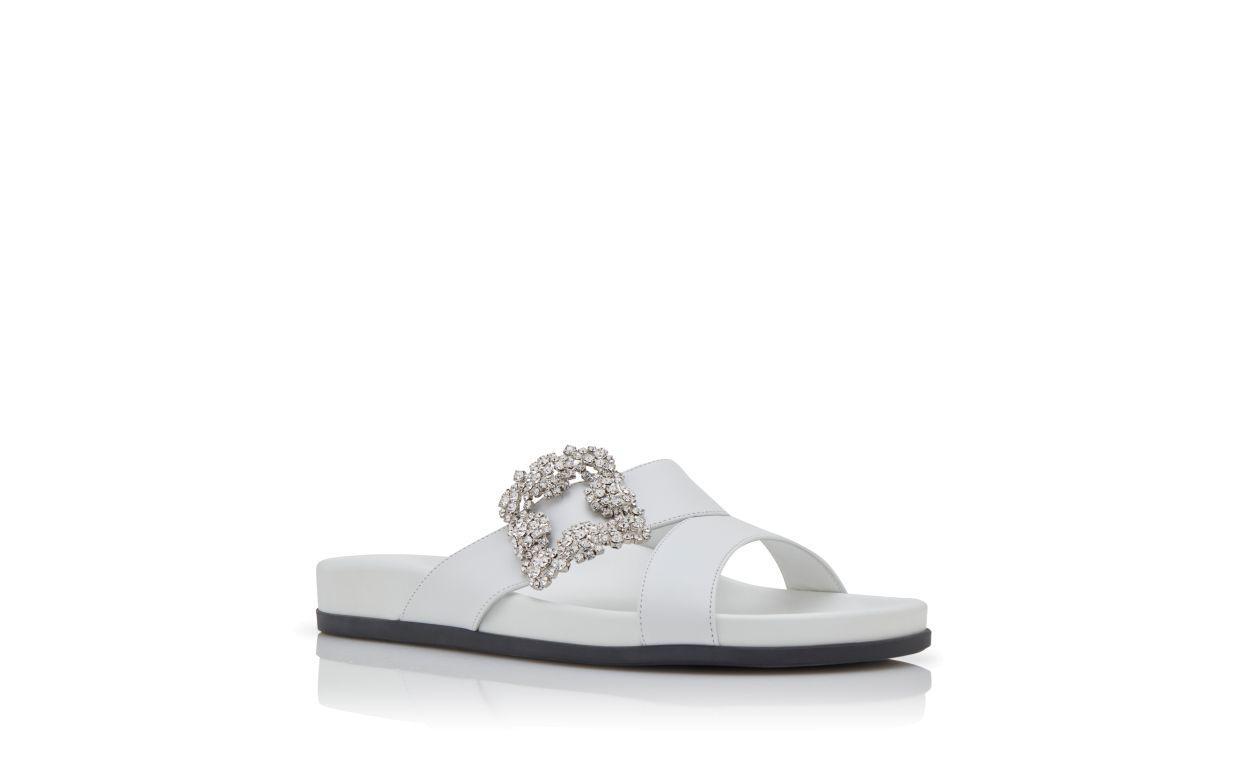 CHILANGHI White Calf Leather Jewel Buckle Flat Mules Product Image