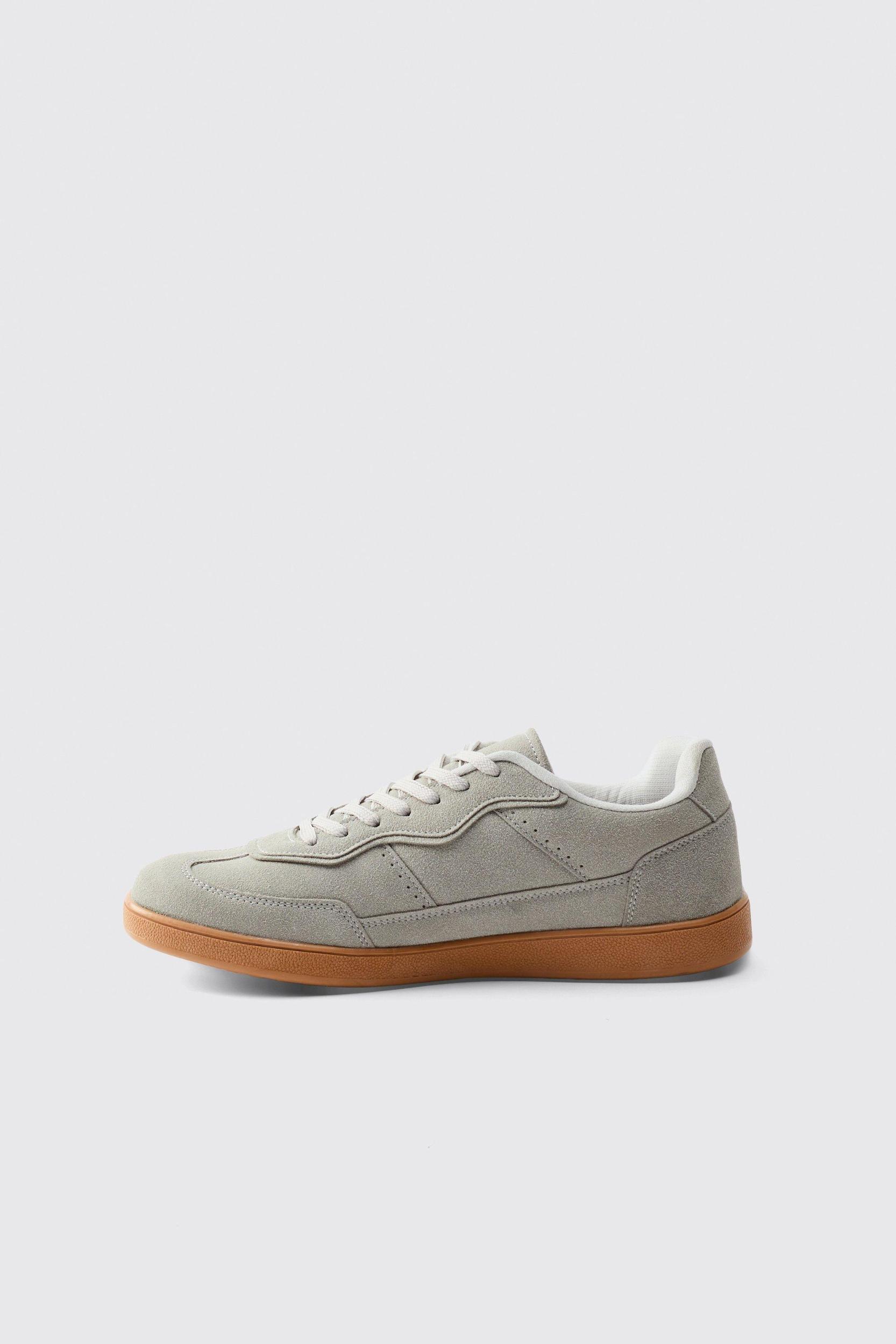 Faux Suede Trainer In Grey with white detail | boohooMAN USA Product Image