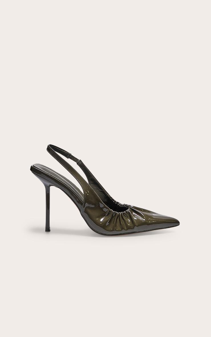 Olive Crinkle PU Point Toe Gathered High Stiletto Sling Back Court Heels Product Image