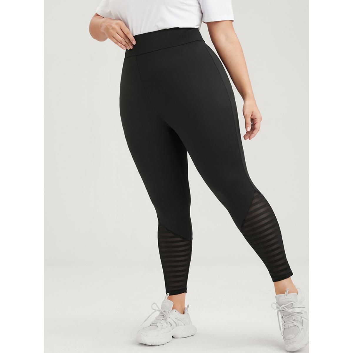 Plus Size Solid Wideband Waist Striped Mesh Patchwork Skinny Leggings Women Black Casual Medium stretch Bodycon Extra High Rise Dailywear Leggings BloomChic 10/M Product Image