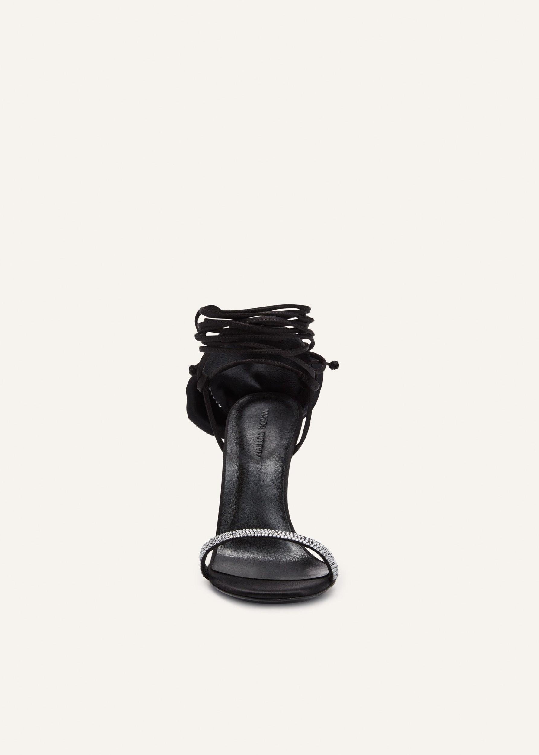 Flower wrap around black satin heeI sandals with strass Product Image