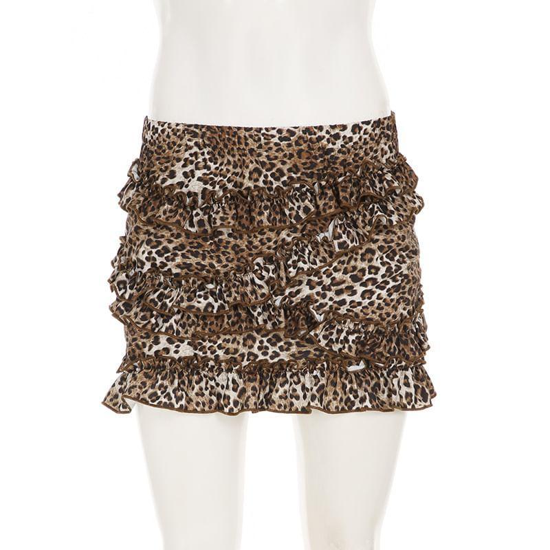 High Rise Leopard Ruffle Trim Mini Pencil Skirt Product Image