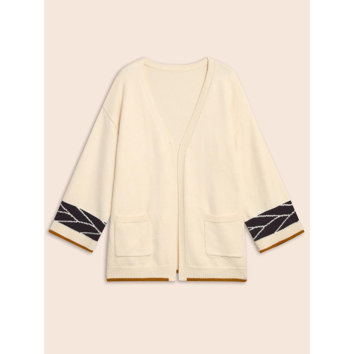 Plus Size Supersoft Essentials Contrast Jacquard Cardigan Beige Women Casual Loose Long Sleeve Everyday Cardigans BloomChic 14-16/1X Product Image