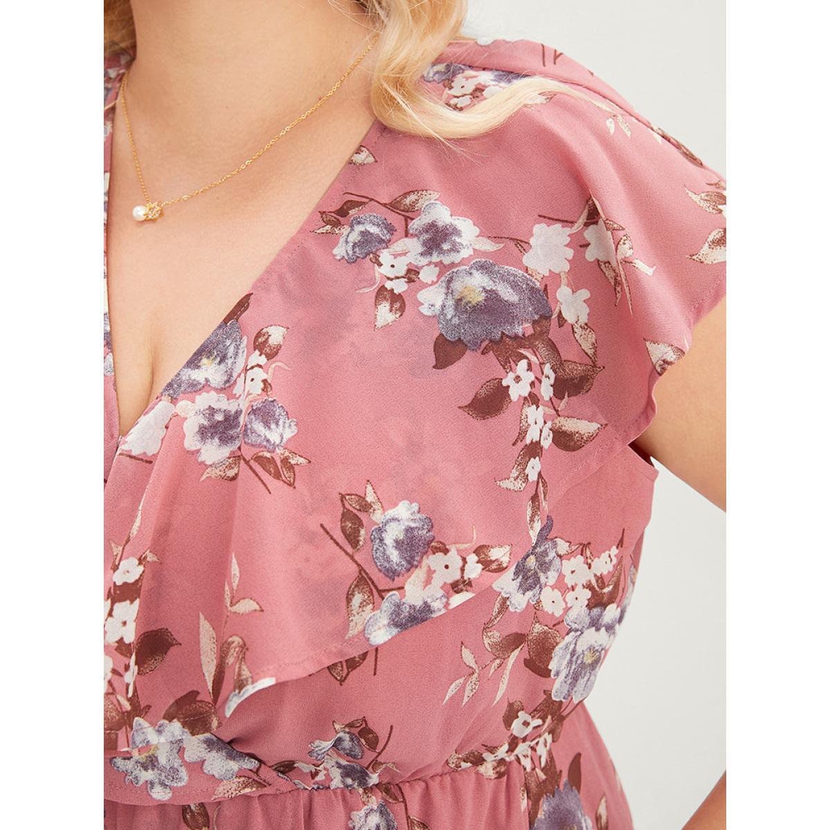 Plus Size Floral Print Ruffle Trim Pocket Sleeveless Wrap Dress DustyPink Women Elegant Elastic Waist Overlap Collar Sleeveless Curvy Midi Dress BloomChic 18-20/2X Product Image