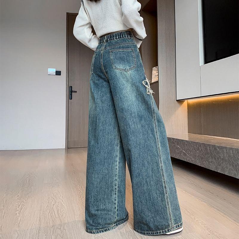High Waist Star Applique Washed Wide Leg Jeans Product Image