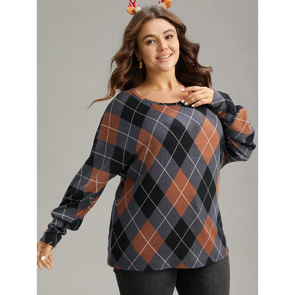 Plus Size Plaid Contrast Round Neck Dolman Sleeve T-shirt Multicolor Women Casual Contrast Plaid Round Neck Festival-Christmas T-shirts BloomChic 30/6X Product Image