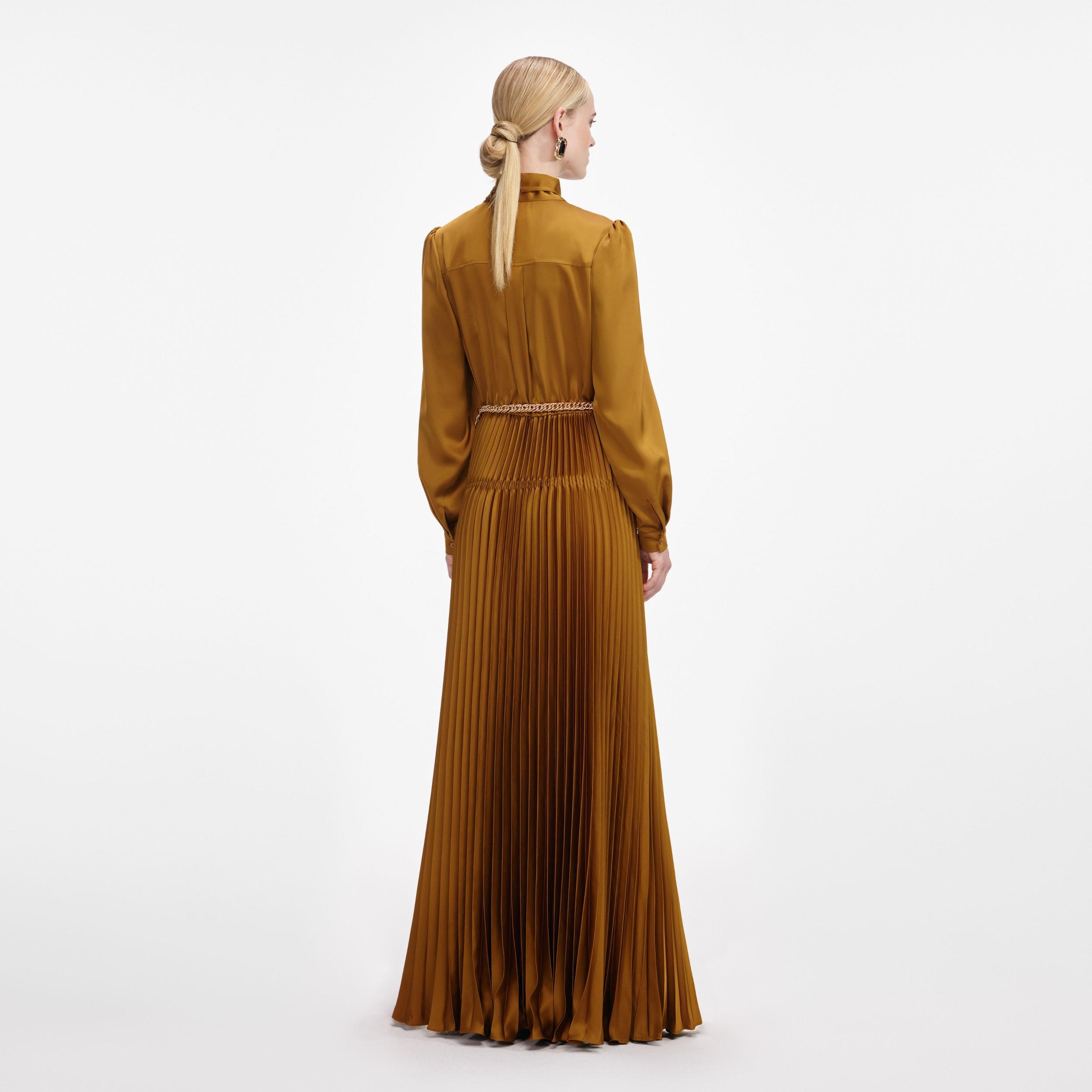 Bronze Satin Pussy Bow Maxi Dress Product Image