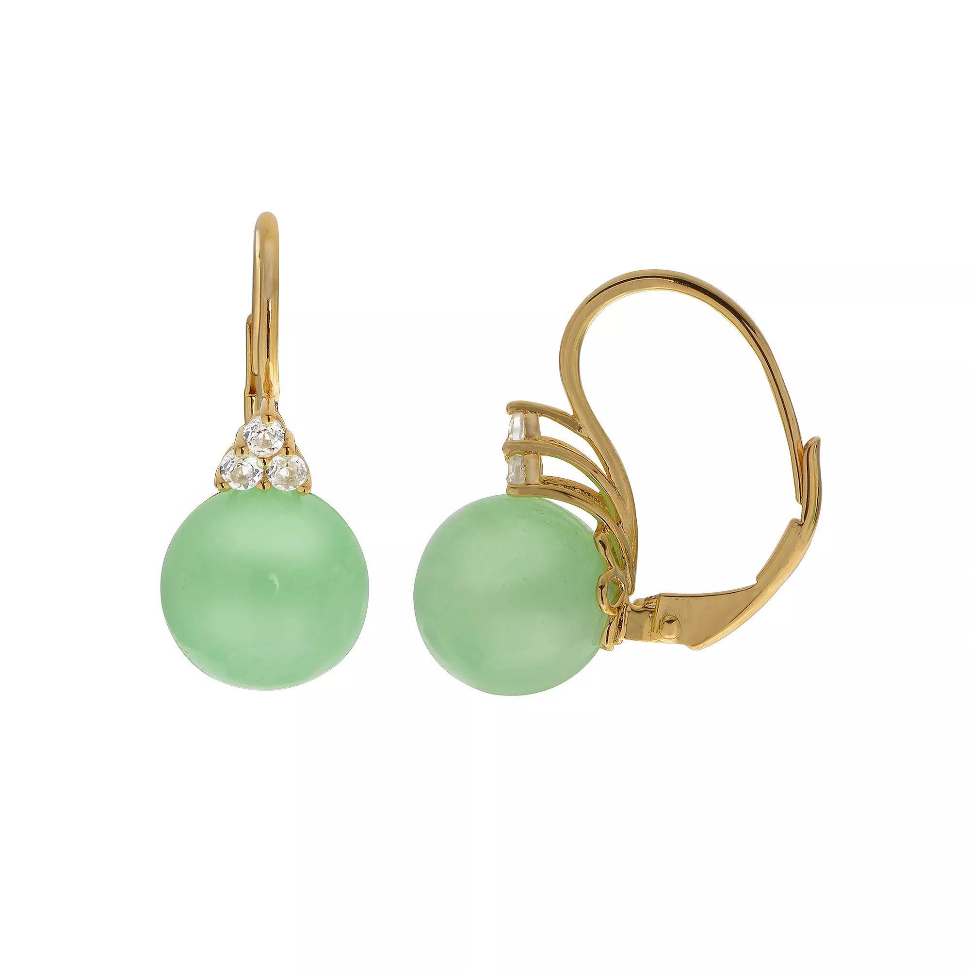 14k Gold Over Silver Jade & White Topaz Leverback Earrings, Womens, 14k Gold Over Sterling Product Image