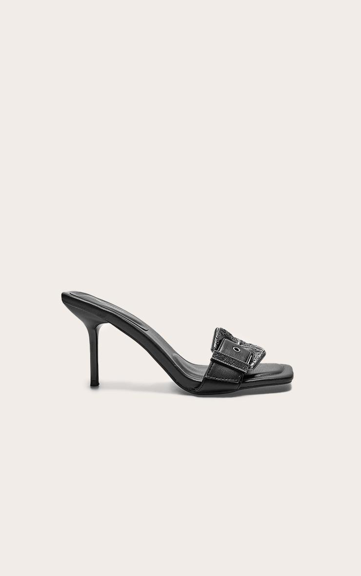 Black PU Square Toe Western Buckle High Stiletto Heeled Mules Product Image