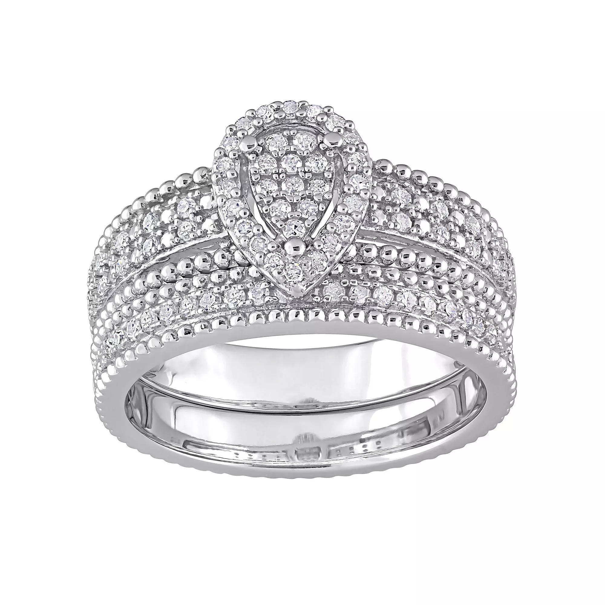 Stella Grace Sterling Silver 1/3 Carat T.W Diamond Pear Shape Cluster Bridal Ring Set, Women's, Size: 5 Product Image