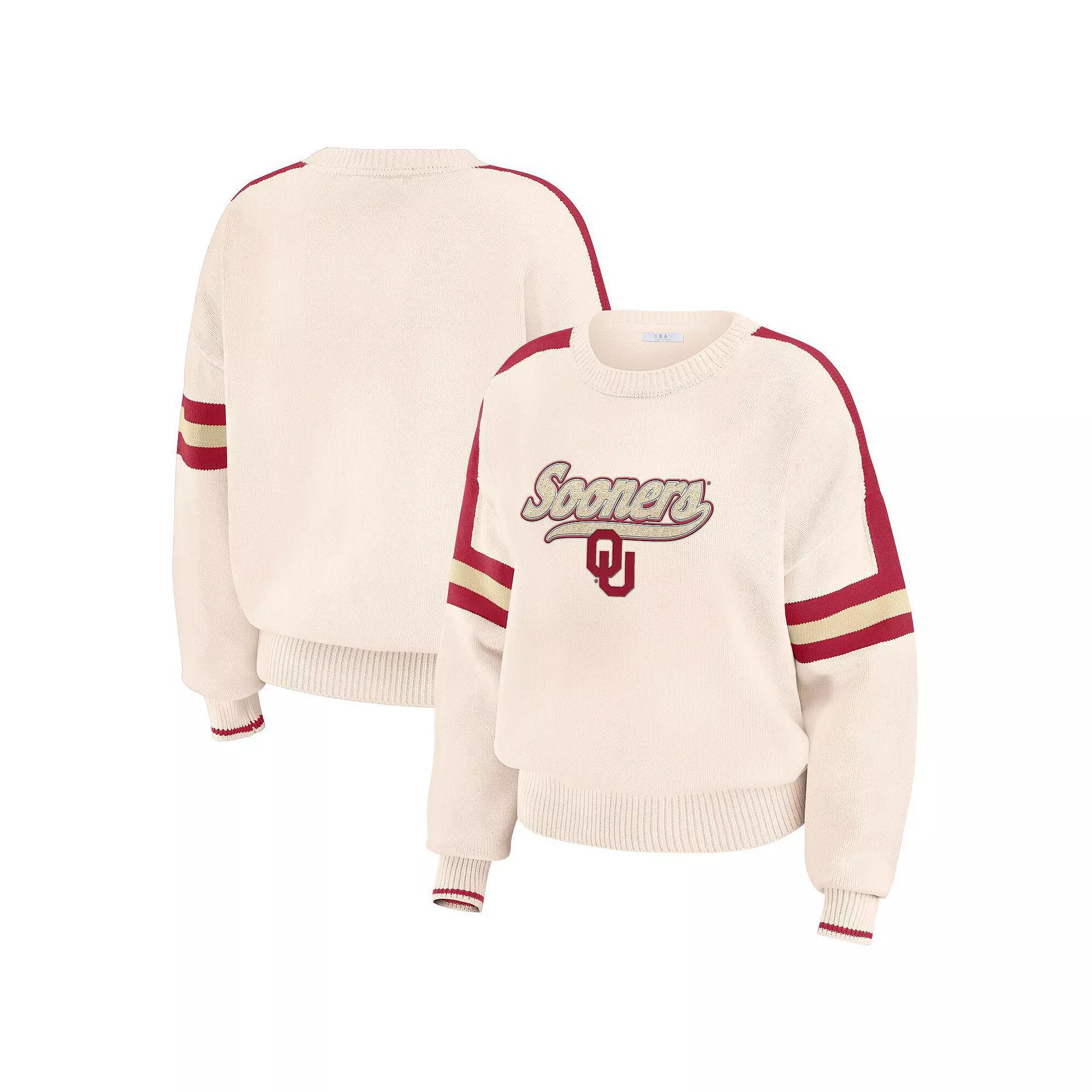 Womens WEAR by Erin Andrews Cream Oklahoma Sooners Chenille Woven Patch Stripe Pullover Sweater Product Image