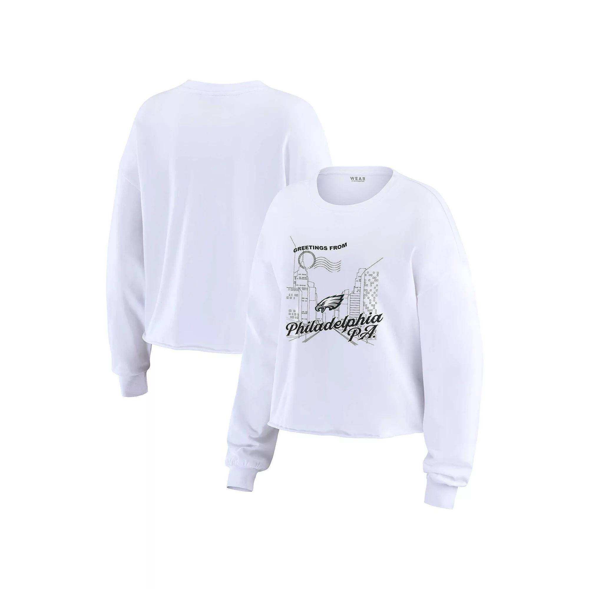 Women's WEAR by Erin Andrews White Philadelphia Eagles Postcard Cropped Long Sleeve Top, Size: Medium Product Image